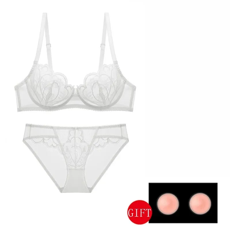 White Lace Transparent Sexy Bra And Panty Sets Plus Size D E Cup Floral Mesh Women's Underwear Red Bras Lingerie Set For Ladies