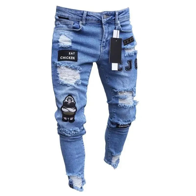 Heren stretchy gescheurde skinny biker borduurwerk cartoon print jeans vernietigd gat slim fit denim hoge kwaliteit hiphop zwarte jeans — image 5