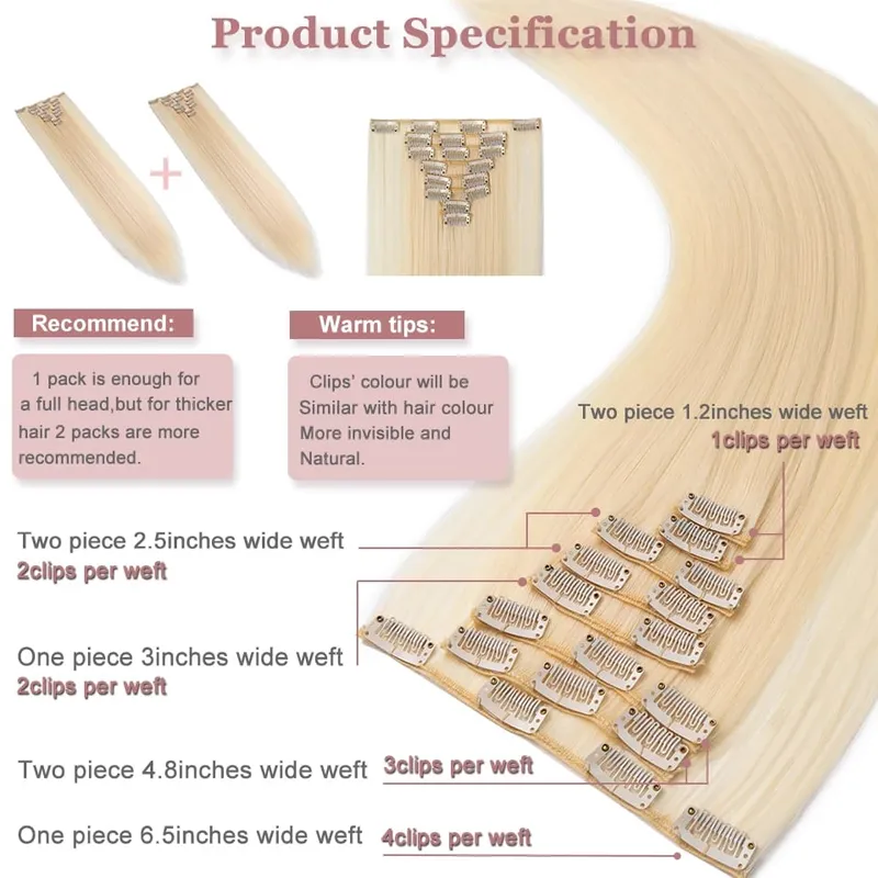 S-noilite Synthetic Clip In Hair Extensions Long Straight Clip In 8pcs/set Hairpieces 26inch Pure Color Pale Blonde Clip In Hair