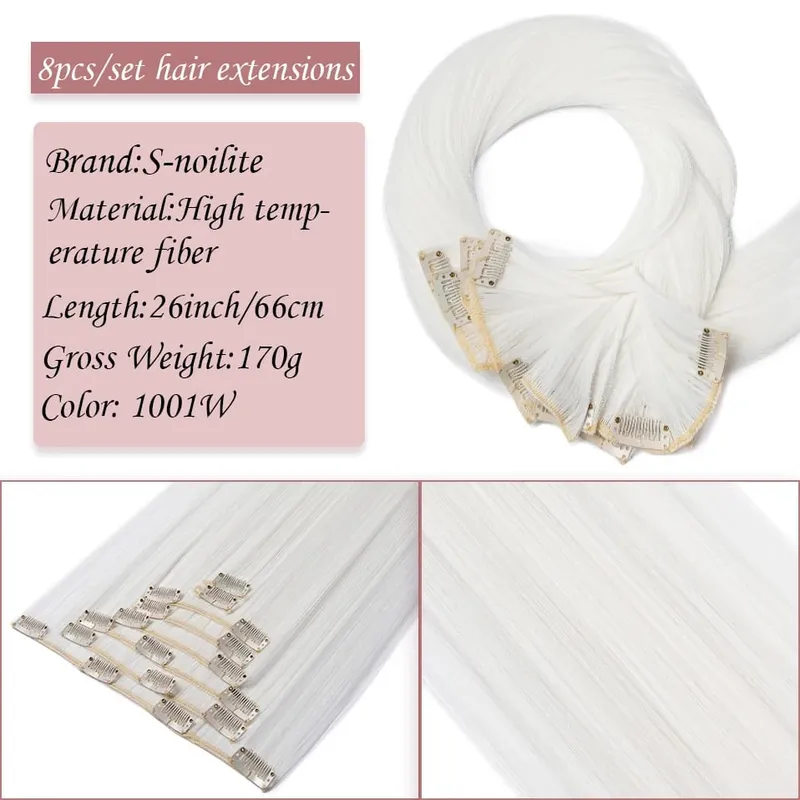 S-noilite Synthetic Clip In Hair Extensions Long Straight Clip In 8pcs/set Hairpieces 26inch Pure Color Pale Blonde Clip In Hair