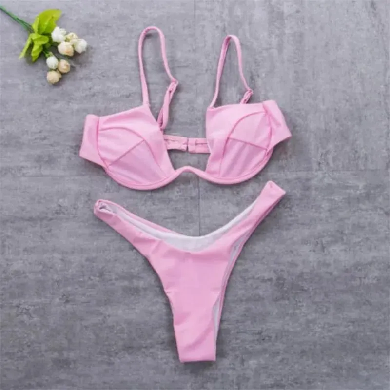 Women 2PCS Bikini Set Solid Color Wire Padded V-Shaped Back Buckle Bra Triangle High Waist Panty Summer Swimming Set Underwear — image 2