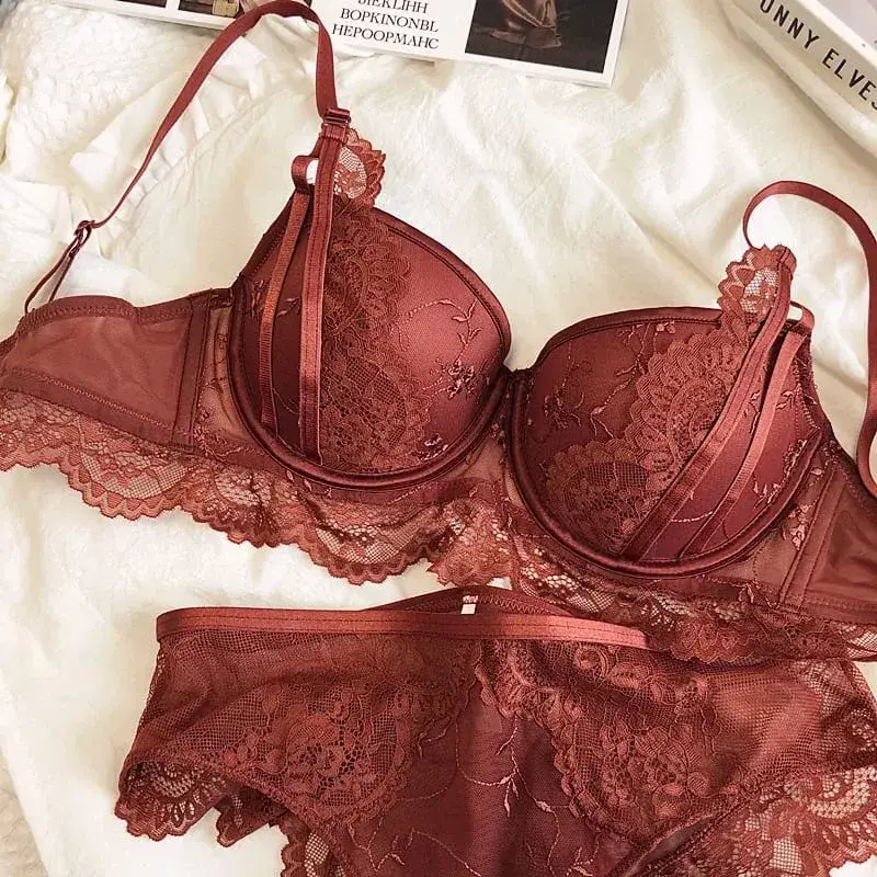 ギャザーカップスチールリングランジェリーパンティー授乳レースセクシーな下着スーツ女性 D カップブラジャーとブリーフセット