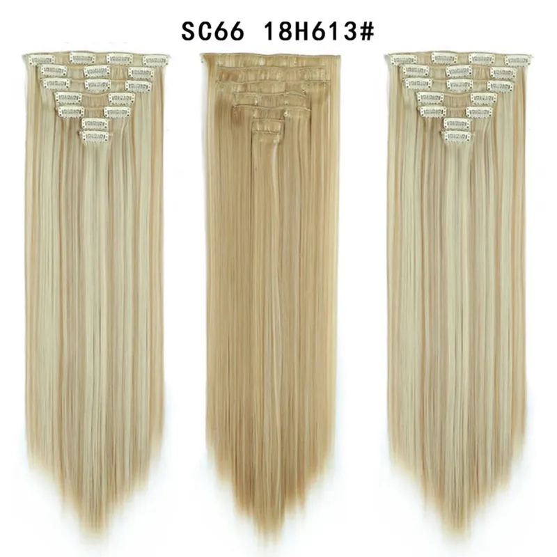 22Inch Synthetic Long Straight Clip In Hair Extensions 16 Clips For Women Fake False Hair Pieces Ombre Black Blonde Styling Hair