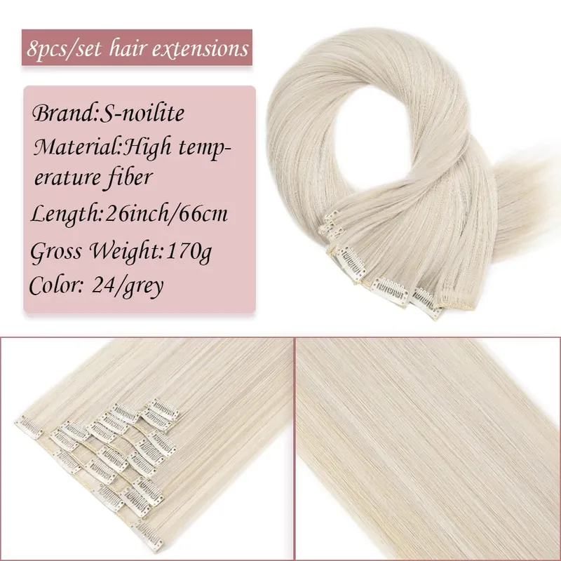S-noilite Synthetic Clip In Hair Extensions Long Straight Clip In 8pcs/set Hairpieces 26inch Pure Color Pale Blonde Clip In Hair