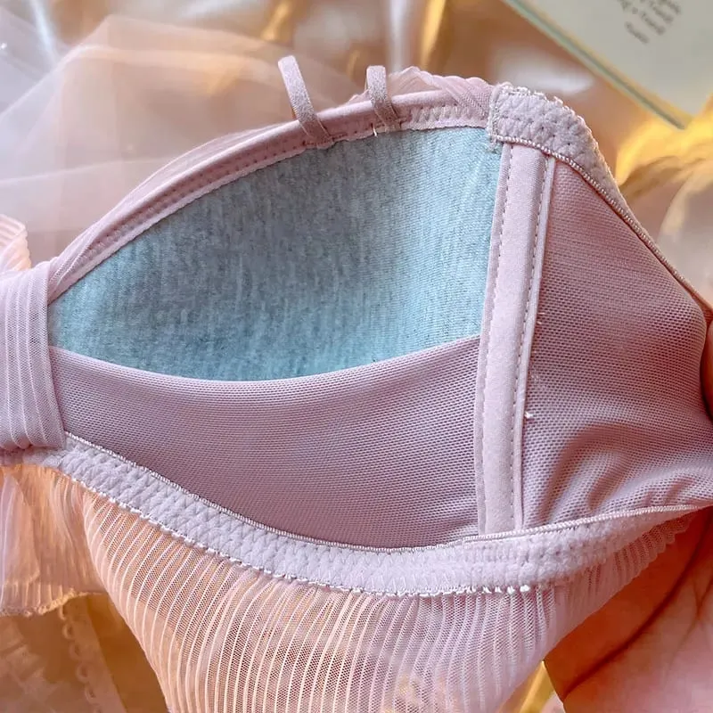 란제리 소녀 요정 Bowknot 쉬폰 얇은 스타일 귀여운 강철 반지 삼각형 컵 브래지어 세트 여성 대형 Bralette 팬티 2pcs