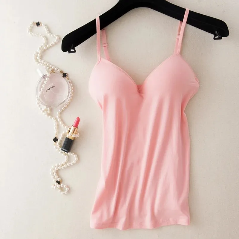 Women's Padded Bra Spaghetti Strap V Neck Vest Cami Tank Tops Shirt Blouse