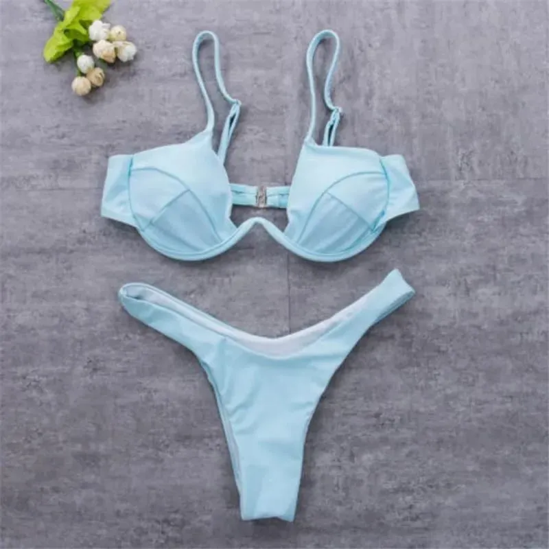 Women 2PCS Bikini Set Solid Color Wire Padded V-Shaped Back Buckle Bra Triangle High Waist Panty Summer Swimming Set Underwear — image 4