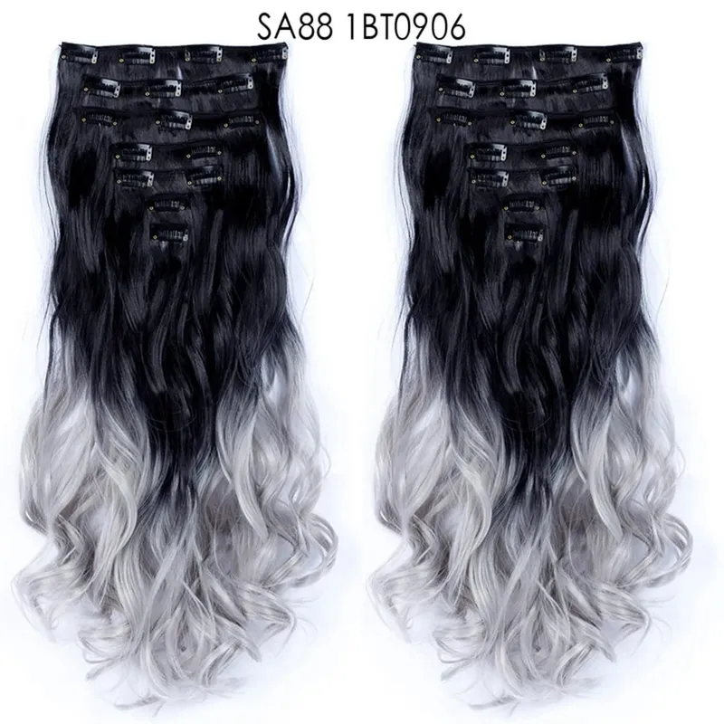 22Inch Curly 16 Clips in Hair Extension Ombre Blue Gray Synthetic Fake Hairpieces Highlight Heat Resistent Fiber For White Women