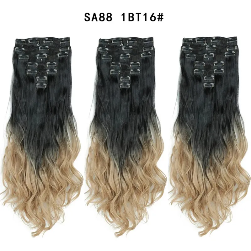 22Inch Curly 16 Clips in Hair Extension Ombre Blue Gray Synthetic Fake Hairpieces Highlight Heat Resistent Fiber For White Women