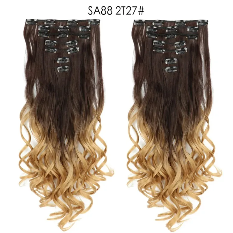22Inch Curly 16 Clips in Hair Extension Ombre Blue Gray Synthetic Fake Hairpieces Highlight Heat Resistent Fiber For White Women