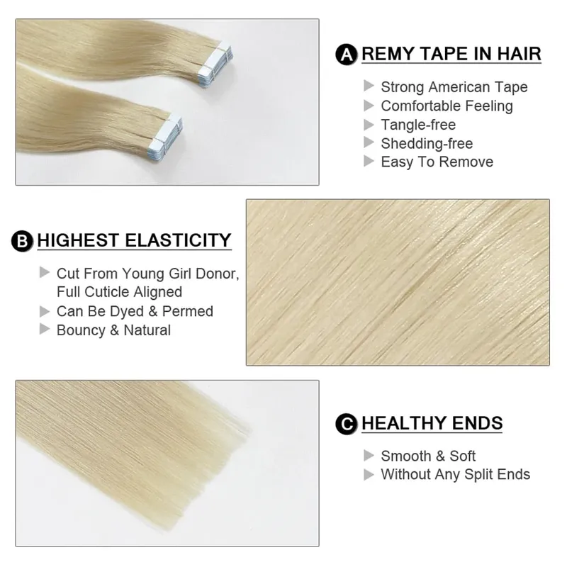 Tape In Human Hair Extensions Adhesive Invisible On Real Remy Hair Straight PU Skin Weft Extension 16-24 Inch 2.0g/pc 40g/pack
