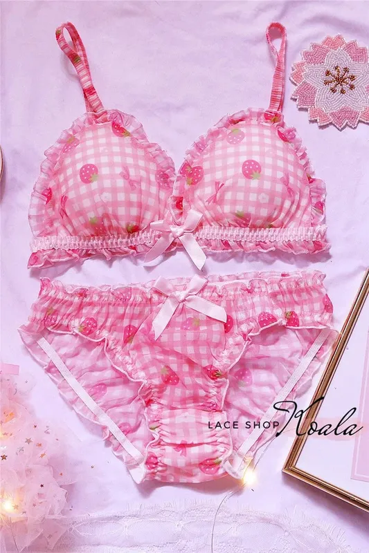 Conjunto de ropa interior y sujetadores japoneses bonitos, conjunto de lencería y sujetador con estampado de fresa Sexy de malla de flores a cuadros rosa para chica Lolita