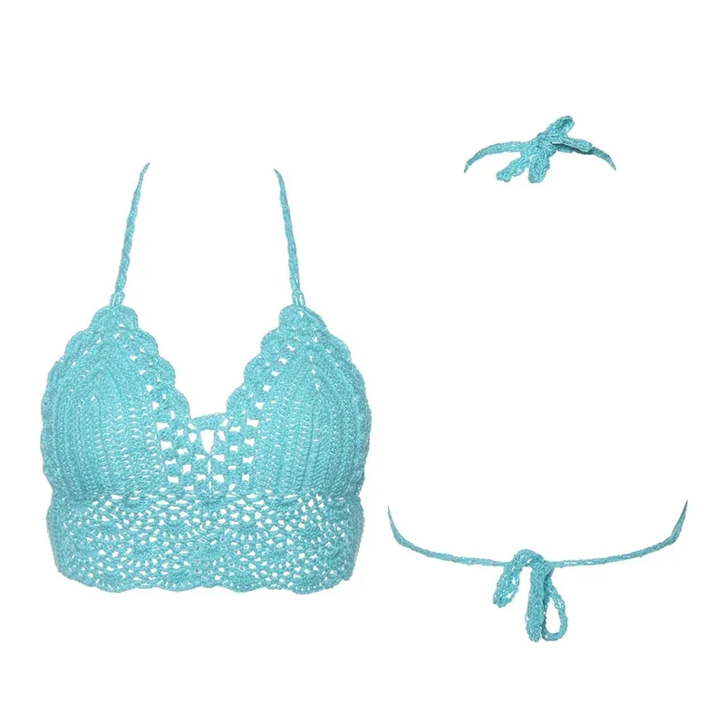 New Sexy Bikini Crop Top Crochet Boho Beach Camisoles Bikini Bralette Halter Cami Knitted Bra Women Backless Beachwear Tank Top