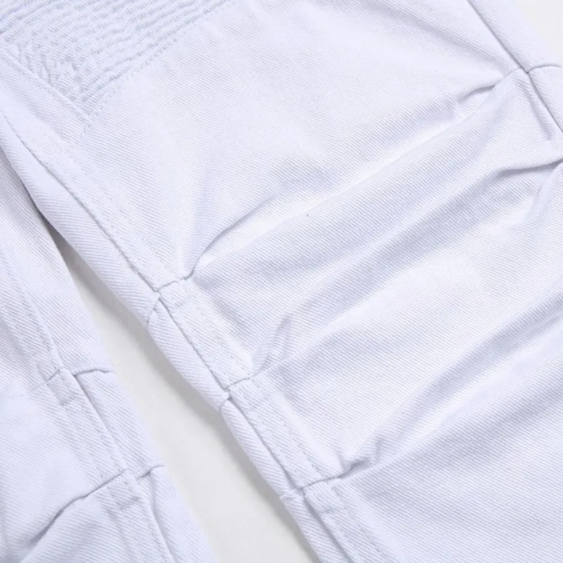 Men's Biker Jeans Black White Pleated Denim Pants Plus Size Slim Straight Classic Trousers