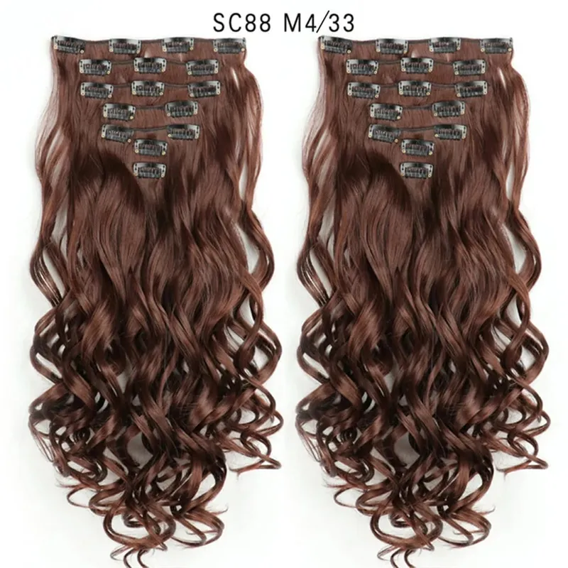 22Inch Curly 16 Clips in Hair Extension Ombre Blue Gray Synthetic Fake Hairpieces Highlight Heat Resistent Fiber For White Women