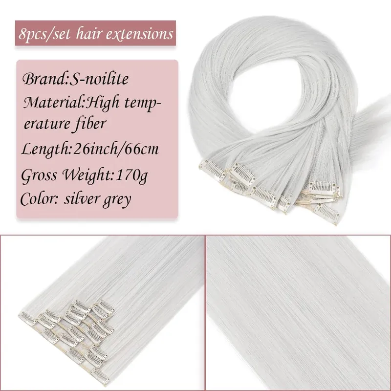 S-noilite Synthetic Clip In Hair Extensions Long Straight Clip In 8pcs/set Hairpieces 26inch Pure Color Pale Blonde Clip In Hair
