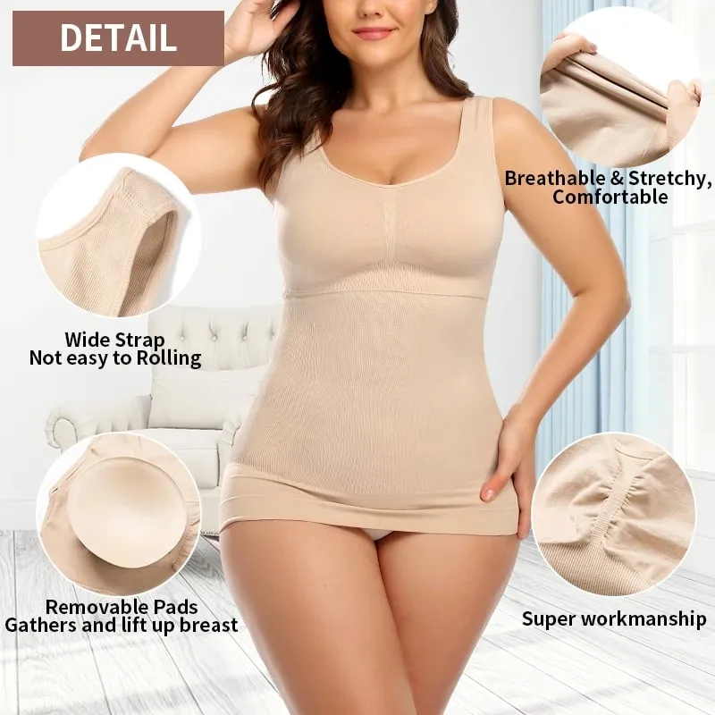 Tank Top untuk Wanita dengan Bra Rak Bra Bawaan Kamisol Dasar Tali Lebar Kasual Pembentuk Atasan Tanpa Lengan dengan Bra yang Dapat Dilepas