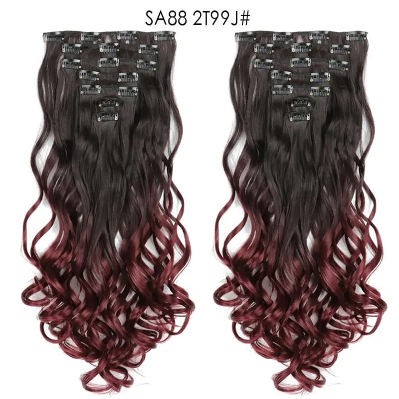 22Inch Curly 16 Clips in Hair Extension Ombre Blue Gray Synthetic Fake Hairpieces Highlight Heat Resistent Fiber For White Women