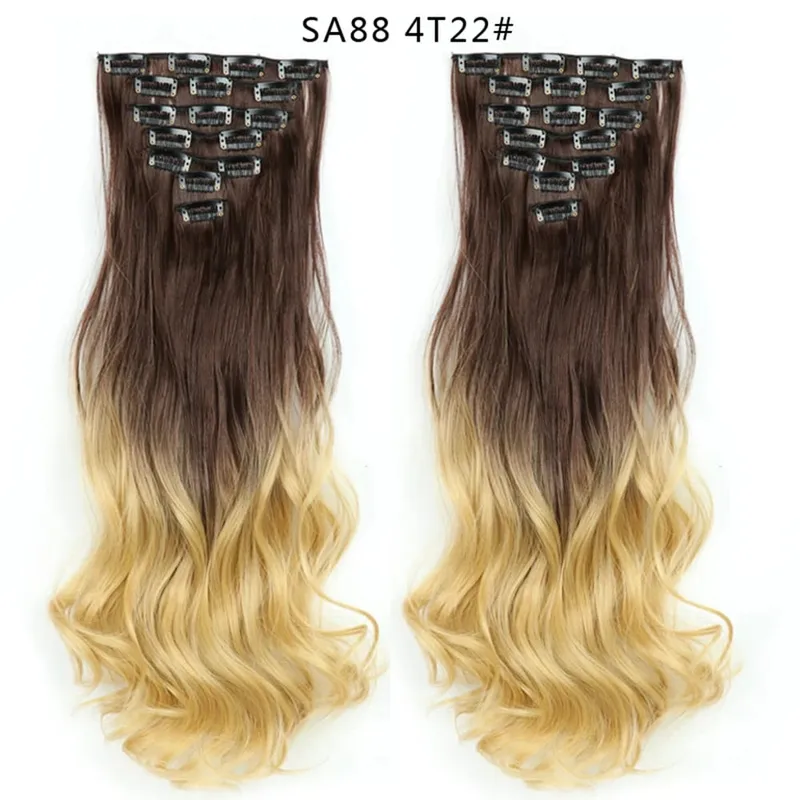 22Inch Curly 16 Clips in Hair Extension Ombre Blue Gray Synthetic Fake Hairpieces Highlight Heat Resistent Fiber For White Women