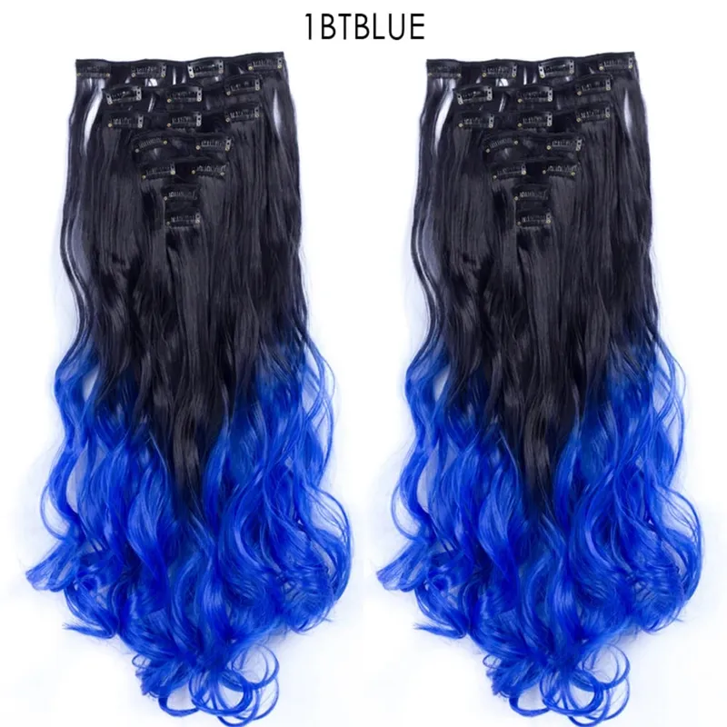 22Inch Curly 16 Clips in Hair Extension Ombre Blue Gray Synthetic Fake Hairpieces Highlight Heat Resistent Fiber For White Women