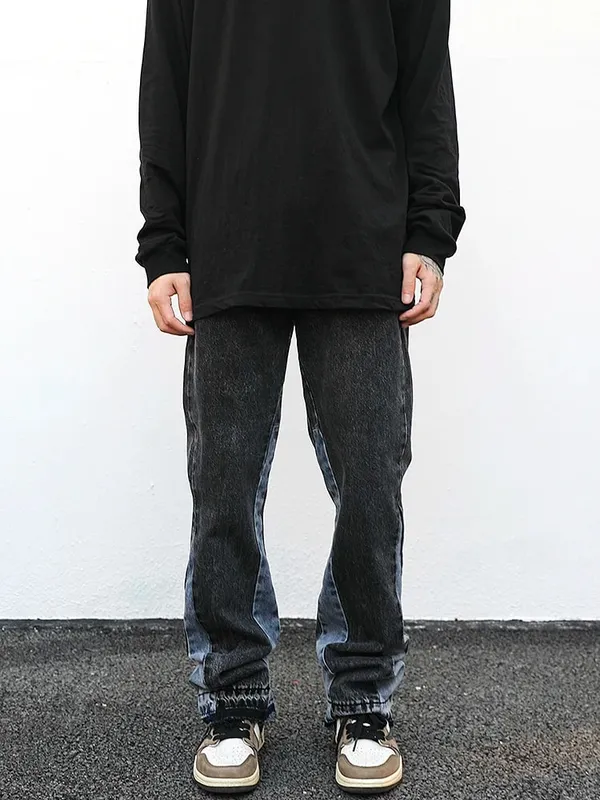 Vintage Flared Jeans for Men Y2k Streetwear Frayed Bell Bottom Baggy Hip Hop Graffiti Colorblock Slim Fit Jeans Pants Man Black