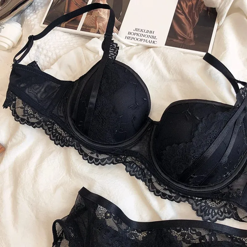 ギャザーカップスチールリングランジェリーパンティー授乳レースセクシーな下着スーツ女性 D カップブラジャーとブリーフセット