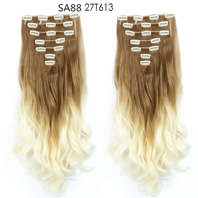 22Inch Curly 16 Clips in Hair Extension Ombre Blue Gray Synthetic Fake Hairpieces Highlight Heat Resistent Fiber For White Women