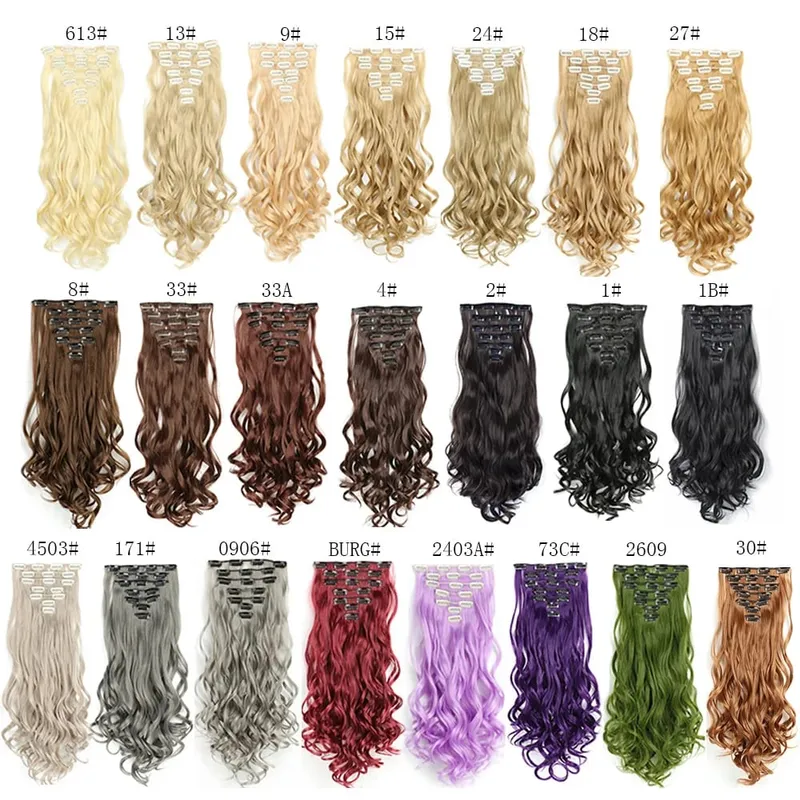 22Inch Curly 16 Clips in Hair Extension Ombre Blue Gray Synthetic Fake Hairpieces Highlight Heat Resistent Fiber For White Women