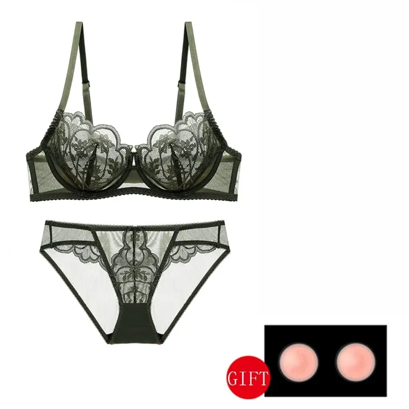 White Lace Transparent Sexy Bra And Panty Sets Plus Size D E Cup Floral Mesh Women's Underwear Red Bras Lingerie Set For Ladies