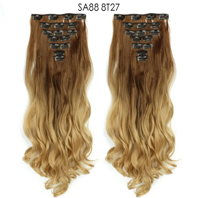 22Inch Curly 16 Clips in Hair Extension Ombre Blue Gray Synthetic Fake Hairpieces Highlight Heat Resistent Fiber For White Women