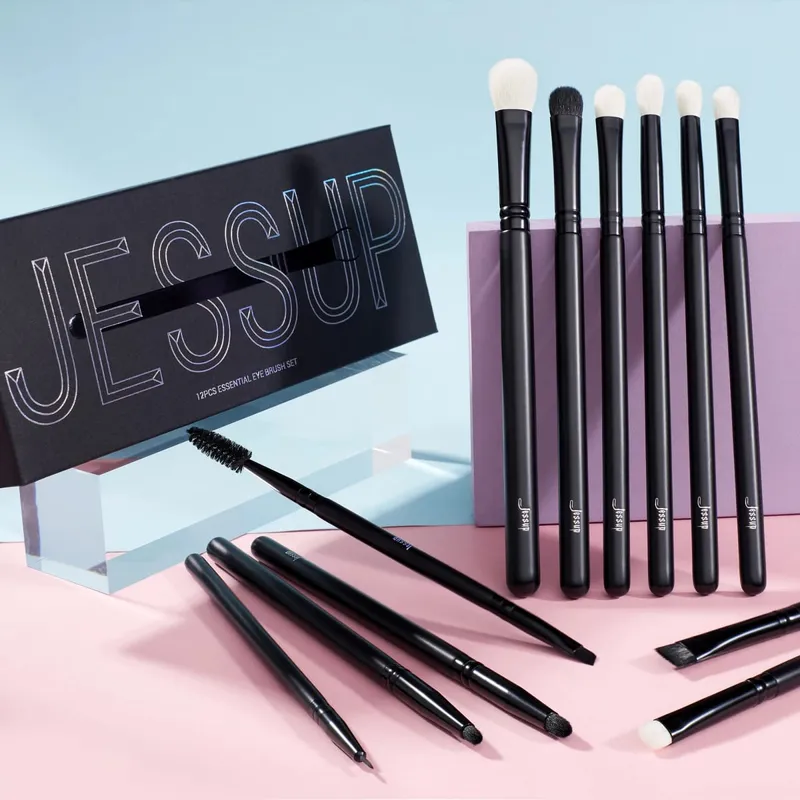 Jessup Eye Makeup Brushes Set Eyeshadow Brush Set Blending Eyeliner Eyebrow Eyelash Shadow Spoolie 12pcs Mixed Hair Black T322