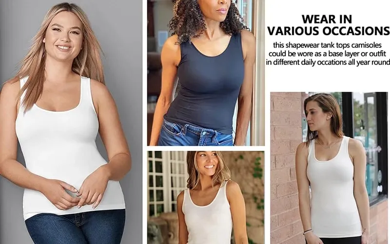Tank Top untuk Wanita dengan Bra Rak Bra Bawaan Kamisol Dasar Tali Lebar Kasual Pembentuk Atasan Tanpa Lengan dengan Bra yang Dapat Dilepas