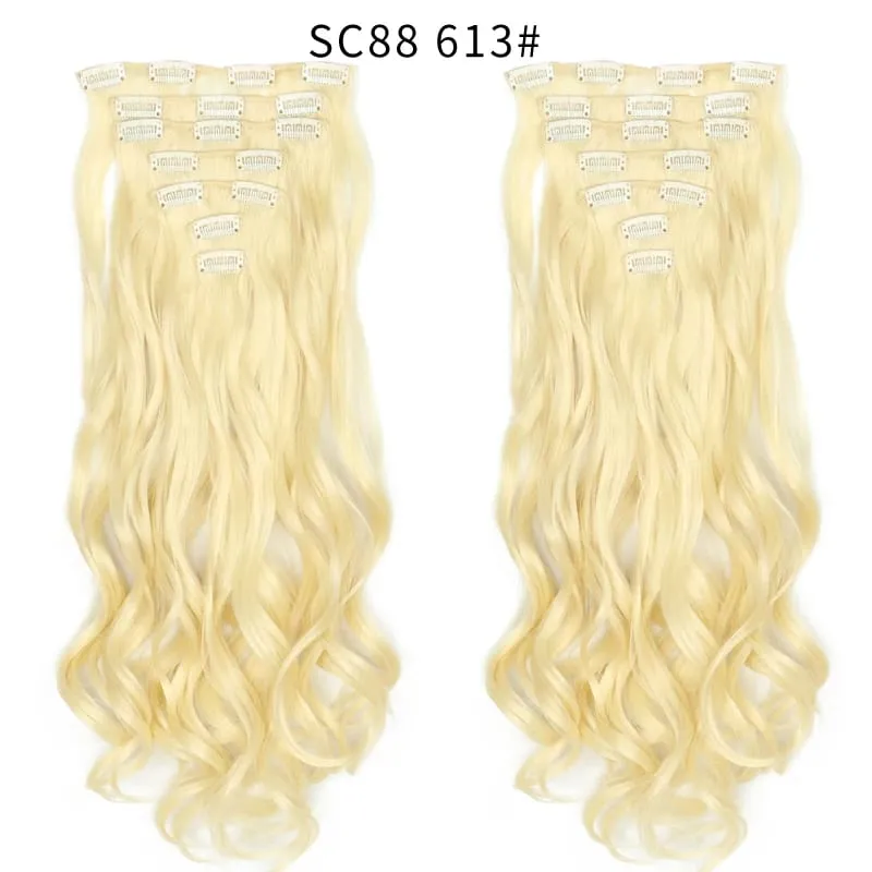 22Inch Curly 16 Clips in Hair Extension Ombre Blue Gray Synthetic Fake Hairpieces Highlight Heat Resistent Fiber For White Women