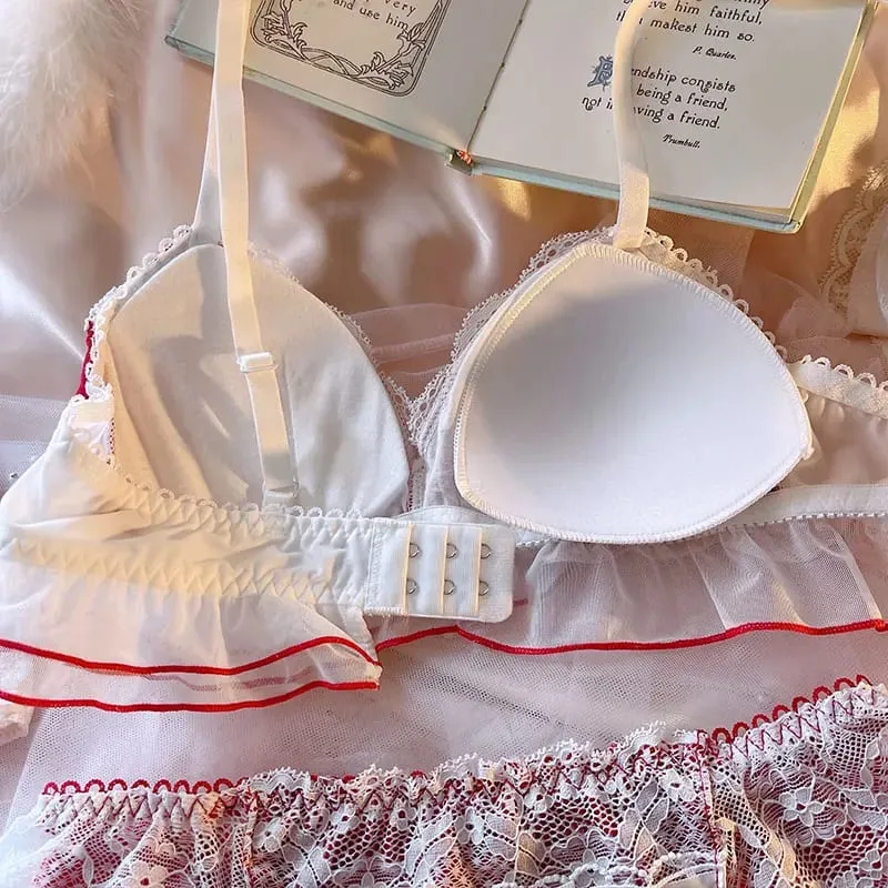 란제리 소녀 요정 Bowknot 쉬폰 얇은 스타일 귀여운 강철 반지 삼각형 컵 브래지어 세트 여성 대형 Bralette 팬티 2pcs