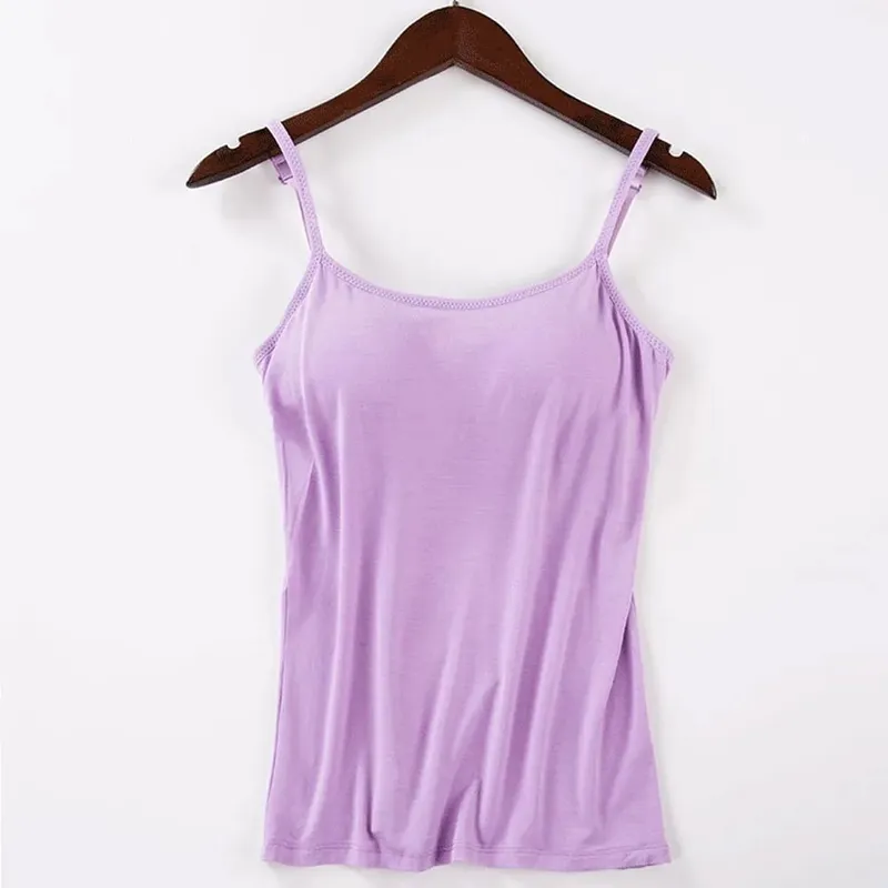 2020 Women Solid Tank Tops Adjustable Strap Built In Cup Padded Wireless Camisole Camis Vest Female Home Basic Tank Top