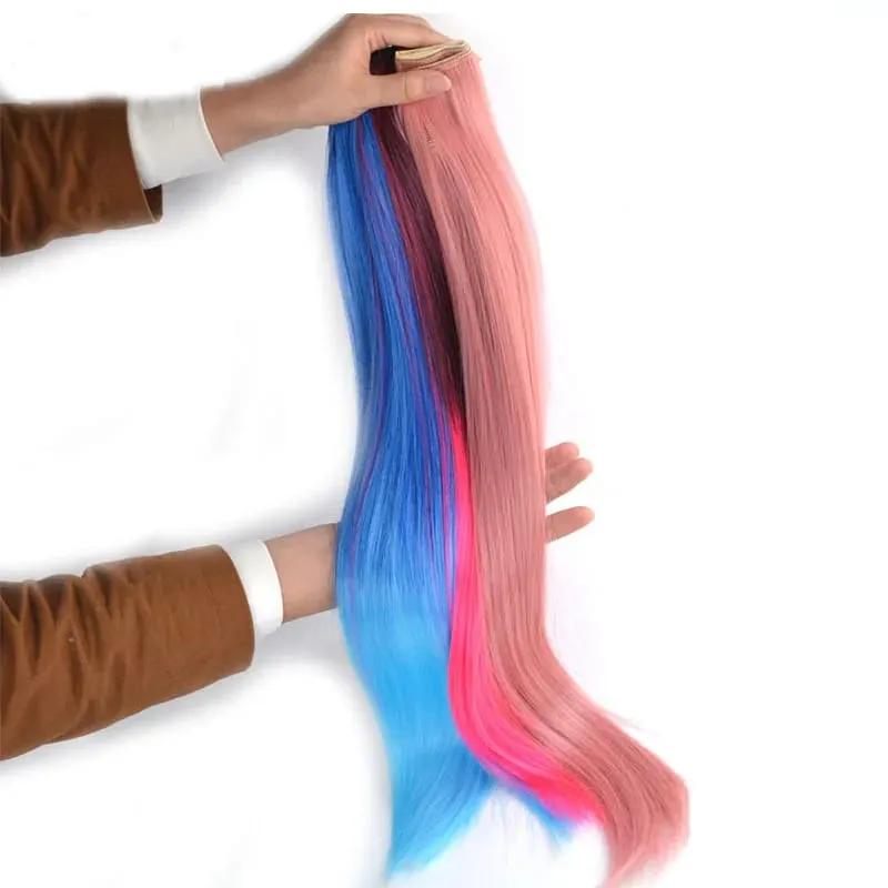Jeedou Rainbow Hairpieces Clip In Hair Extension Ombre Color One Piece With 5Clips Straight Hair Wig For Girls Halloween Cosplay