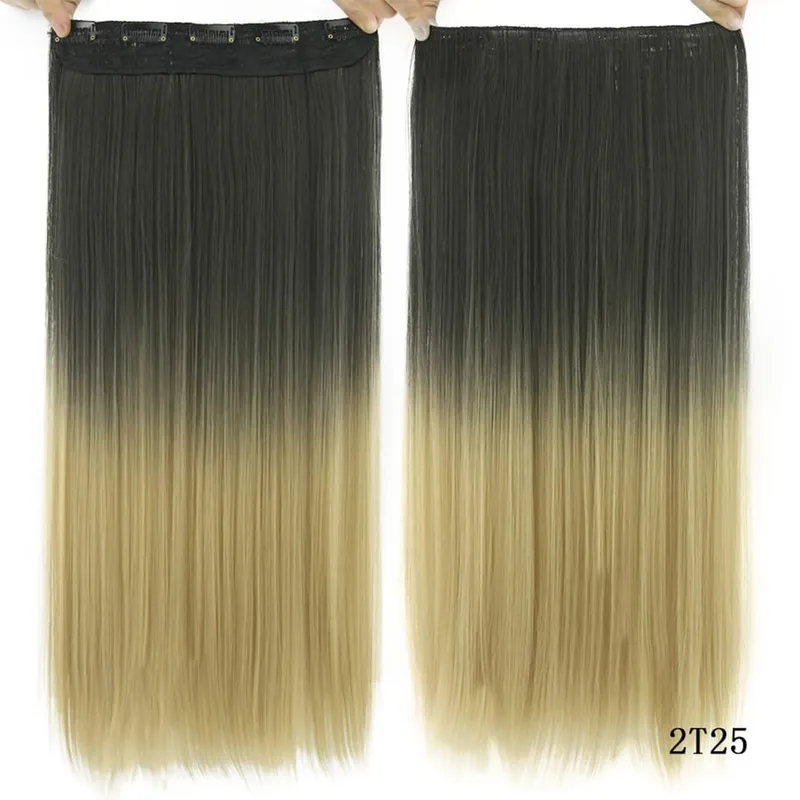 Soowee Long Straight Black to Gray Natural Color Women Ombre Hair High Tempreture Synthetic Hairpiece Clip in Hair Extensions