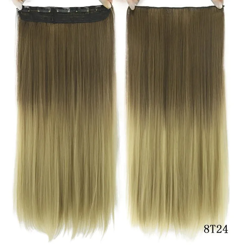 Soowee Long Straight Black to Gray Natural Color Women Ombre Hair High Tempreture Synthetic Hairpiece Clip in Hair Extensions
