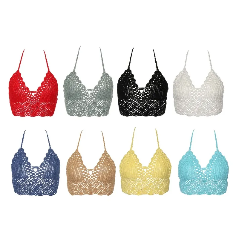 New Sexy Bikini Crop Top Crochet Boho Beach Camisoles Bikini Bralette Halter Cami Knitted Bra Women Backless Beachwear Tank Top