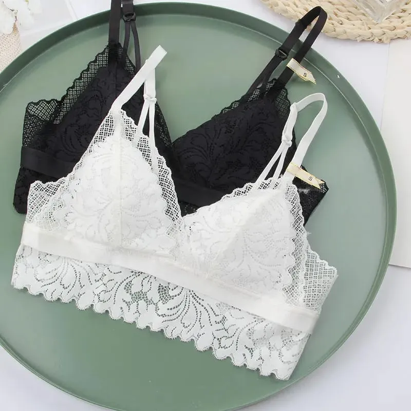Full lace wireless cotton cup comfortable ladies underwear sets Soft-cup triangle bralette and transparent panties bra lingerie — image 2