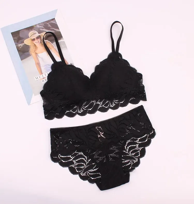 Willow Leaves Pattern Lace Soft Cup Ultra Thin Lined Wireless Bra and Panties Set Lacy Underwear Women Lingerie 2019 New Fashion