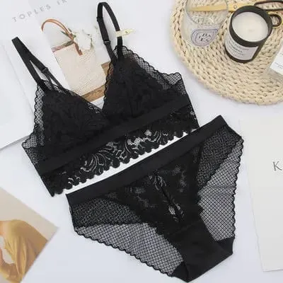 Full lace wireless cotton cup comfortable ladies underwear sets Soft-cup triangle bralette and transparent panties bra lingerie