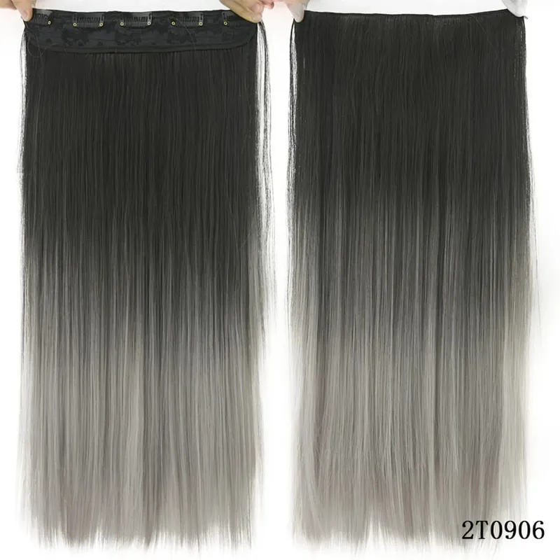Soowee Long Straight Black to Gray Natural Color Women Ombre Hair High Tempreture Synthetic Hairpiece Clip in Hair Extensions