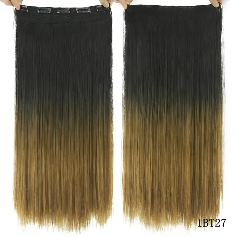 Soowee Long Straight Black to Gray Natural Color Women Ombre Hair High Tempreture Synthetic Hairpiece Clip in Hair Extensions