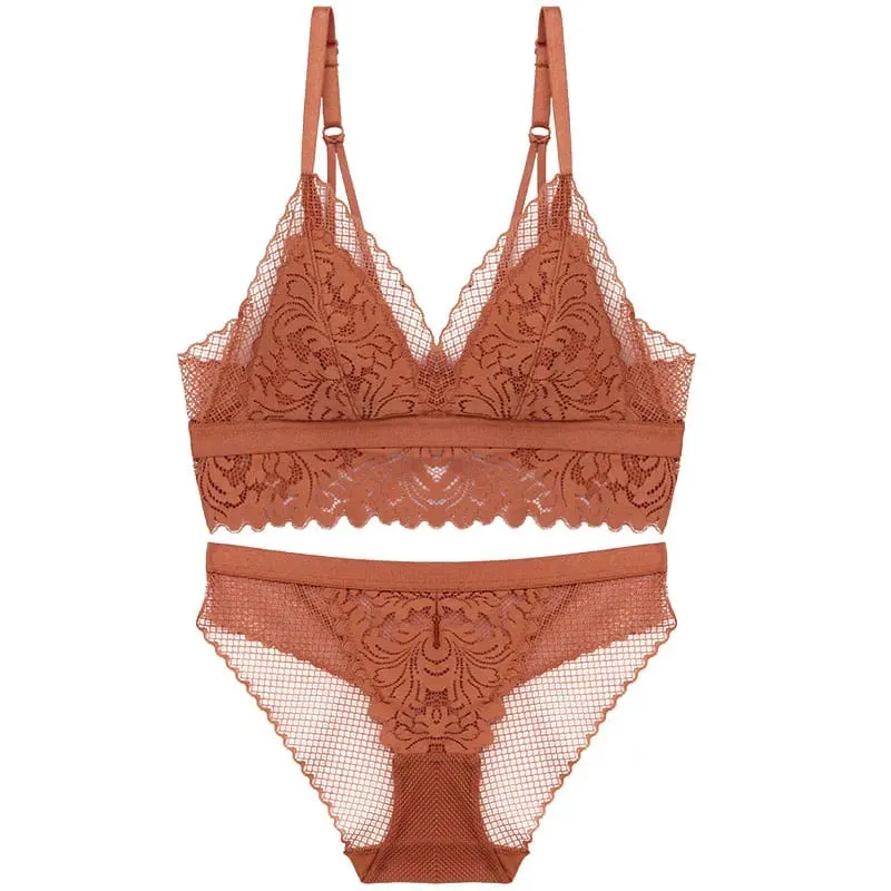 Full lace wireless cotton cup comfortable ladies underwear sets Soft-cup triangle bralette and transparent panties bra lingerie — image 5