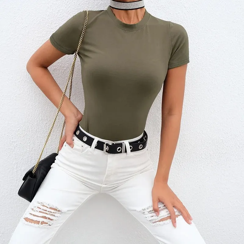 Casual Basic Black White Bodysuit Women Summer Short Sleeve Woman Body Top Cotton Bodycon Jumpsuit Romper Ladies 2020