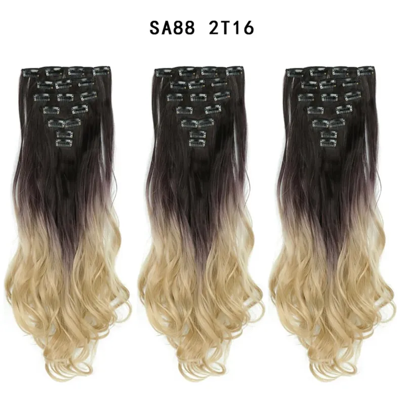 22Inch Curly 16 Clips in Hair Extension Ombre Blue Gray Synthetic Fake Hairpieces Highlight Heat Resistent Fiber For White Women