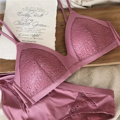 Set reggiseno sexy senza fili in cotone sottile con coppa in pizzo, reggiseno e mutandine alla moda, set intimo senza pietre, slip bralette da donna