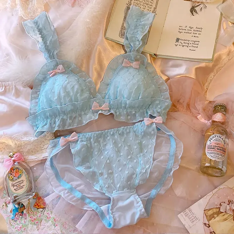 란제리 소녀 요정 Bowknot 쉬폰 얇은 스타일 귀여운 강철 반지 삼각형 컵 브래지어 세트 여성 대형 Bralette 팬티 2pcs