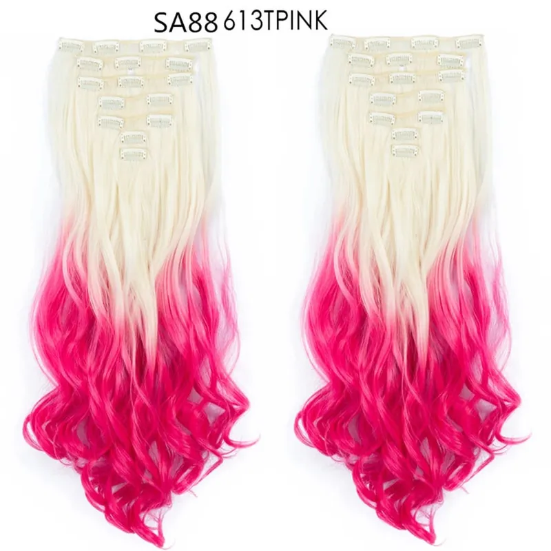 22Inch Curly 16 Clips in Hair Extension Ombre Blue Gray Synthetic Fake Hairpieces Highlight Heat Resistent Fiber For White Women